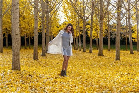 Brunette Model In Fall Foliage Stock Photo Image Of Beauty Green
