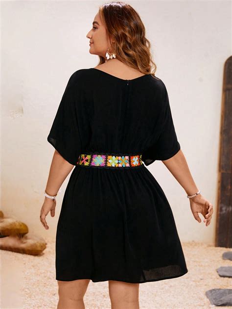 Shein Vcay Plus Size Women S Crochet Patchwork Black Maxi Dress For