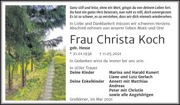 Traueranzeigen Von Christa Koch Abschied Nehmen De