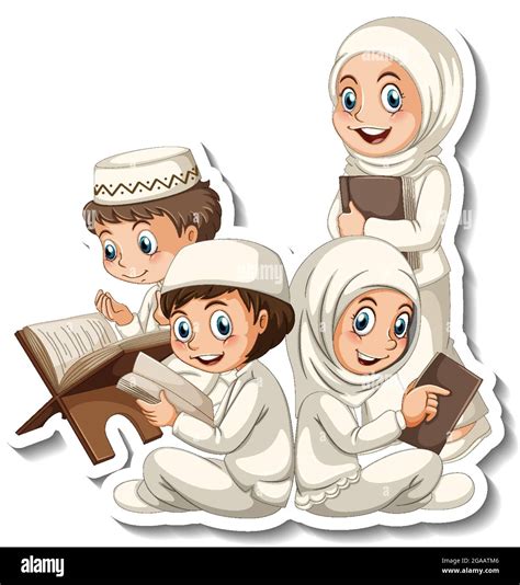 Sticker template with Muslim family cartoon character illustration ...