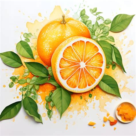 Pintura Acuarela De Naranjas Con Hojas Stock de ilustración