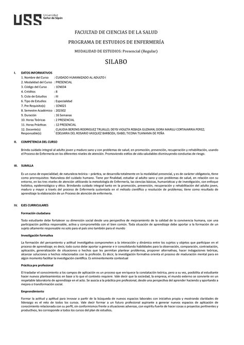 Silabo De Cuidado Humanizado Al Adulto I Pdf 2023 Ii Facultad De