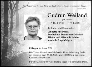 Traueranzeigen Von Gudrun Weiland Trauerportal Ihrer Tageszeitung