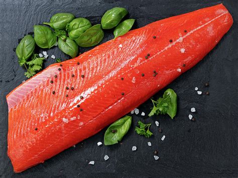 Fresh Raw Pacific Wild Sockeye Salmon Fillet On Natural Stone Wi