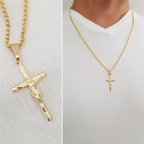 Mens Gold Cross Necklace K Gold Filled Pendant Chain Etsy