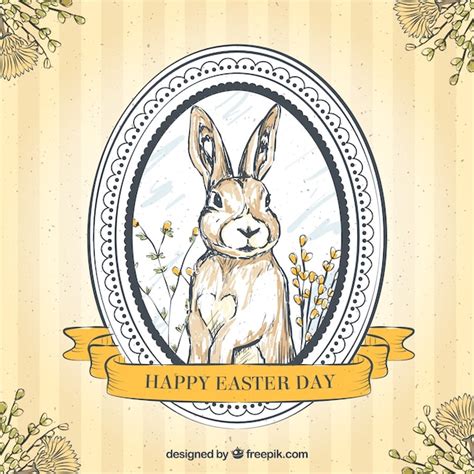 Hand Drawn Easter Bunny Retro Background Free Vector