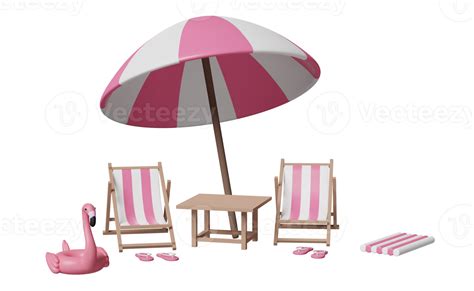 Beach Chair Set For Summer Sea With Umbrella Inflatable Flamingo Sandals Rubber Raft Isolated