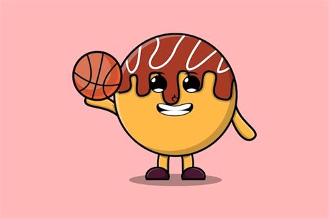 Netter Cartoon Takoyaki Charakter Der Basketball In Der Flachen