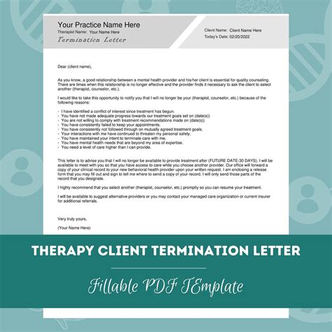 Therapy Client Termination Letter Editable Fillable Pdf Template For