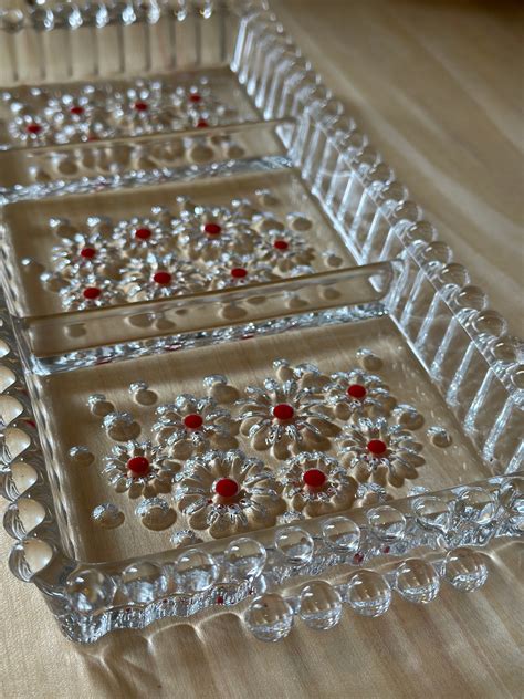 Vintage Mcm Walther Glas Fabiola Divided Glass Tray With Red Daisies