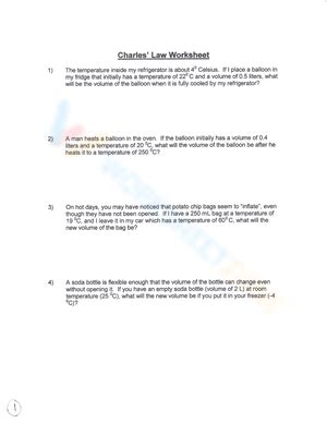 Free Printable Charles’ Law Worksheets for Students