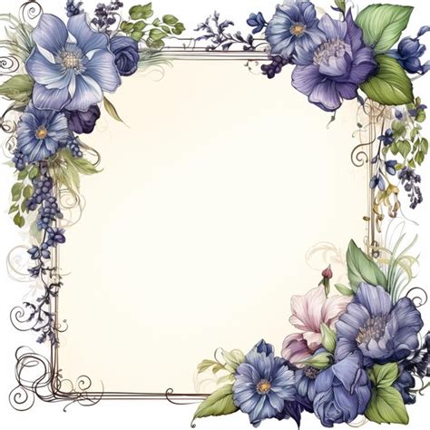 A Close Up Of A Floral Frame With Blue Flowers And Leaves Generative Ai