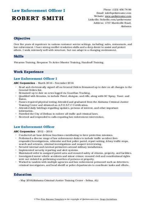 Law Enforcement Officer Resume Samples Qwikresume