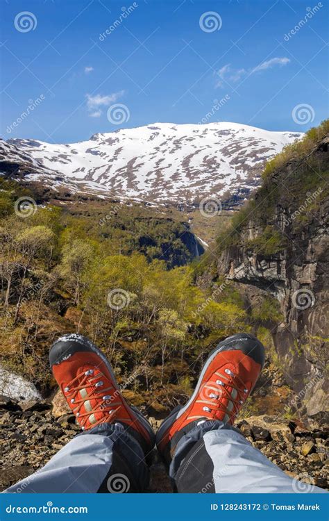 Hiking Boots Against Fjords In Norway Stock Photo Image Of Colorful