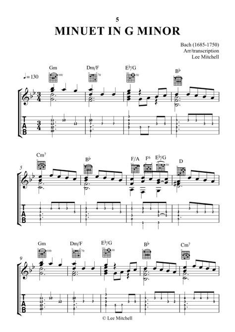 Minuet In G Minor Arr Lee Mitchell By Bach Sheet Music For Guitar