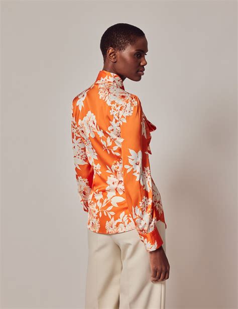 Orange Cream Print Pussy Bow Blouse Hawes Curtis