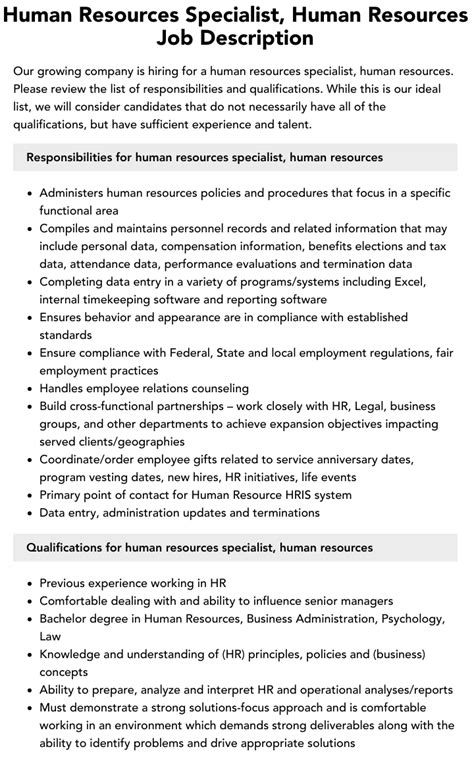 Human Resources Specialist Human Resources Job Description Velvet Jobs