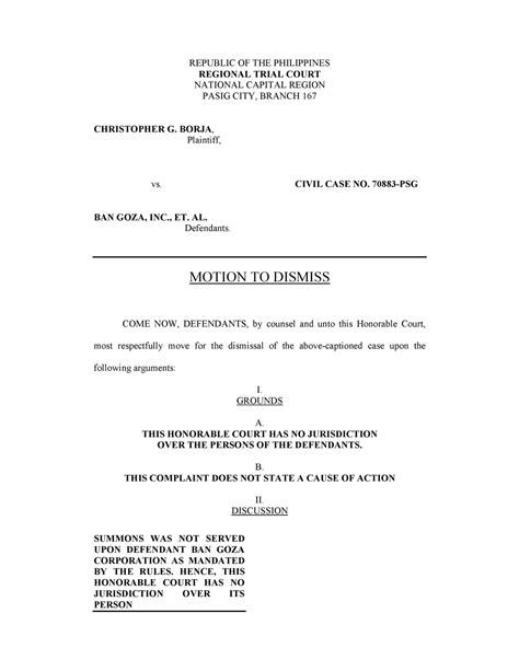 Motion To Dismiss Sample Philippines