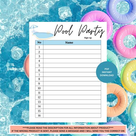 Pool Party Sign Up Sheet Summer Party Sheet Printable Pool Etsy