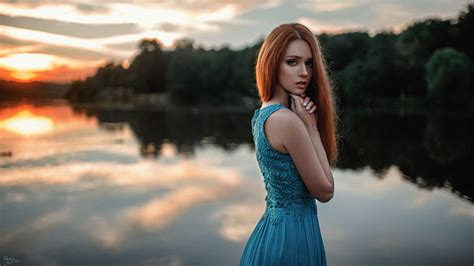 Wallpaper Sunlight Women Redhead Model Sunset Blue Eyes Lake