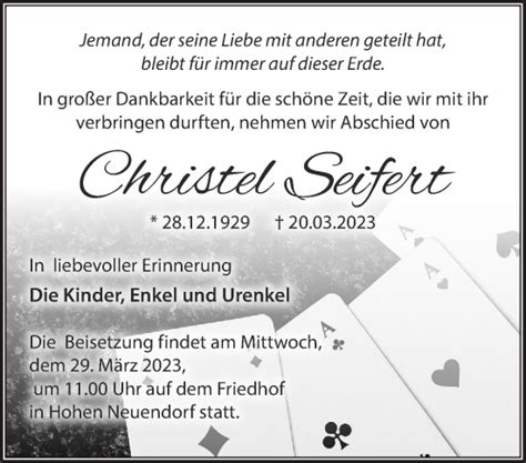 Traueranzeigen Von Christel Seifert M Rkische Onlinezeitung Trauerportal