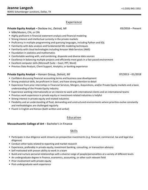 Private Equity Analyst Resume Samples Velvet Jobs