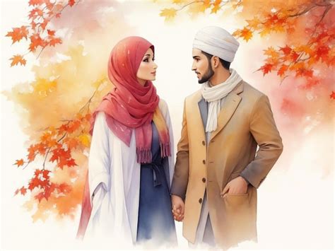 Premium Photo Beautiful Muslim Couple In Autumn Watercolor Paint