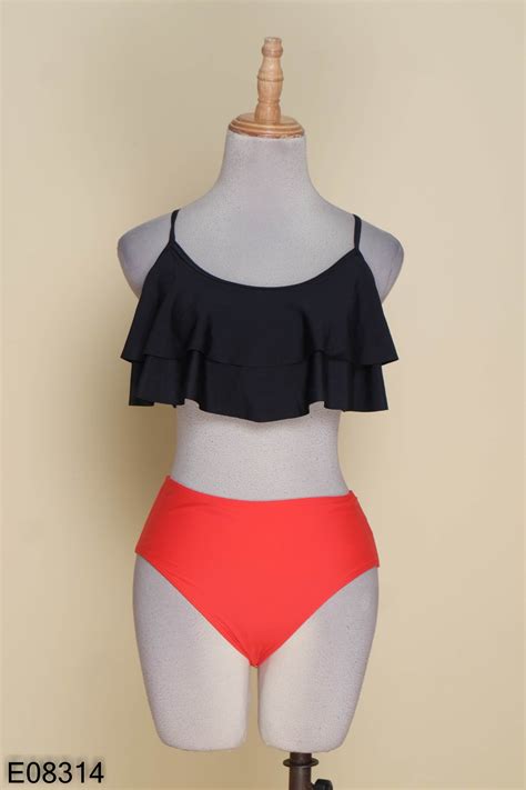 Set Bikini SHEIN 2 mảnh áo đen quần đỏ