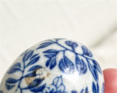 3 Vintage Ceramic Eggs Chinoiserie Blue And White Decorative Eggs Antique Egg With Crazing And