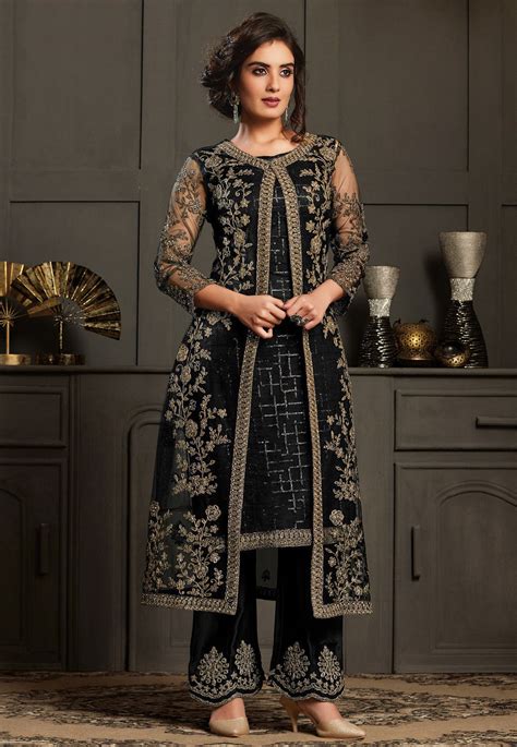 Buy Embroidered Net Jacket Style Pakistani Suit In Black Online