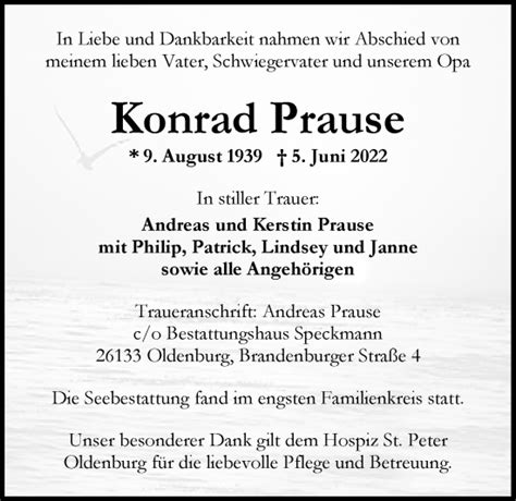 Traueranzeigen Von Konrad Prause Nordwest Trauer De