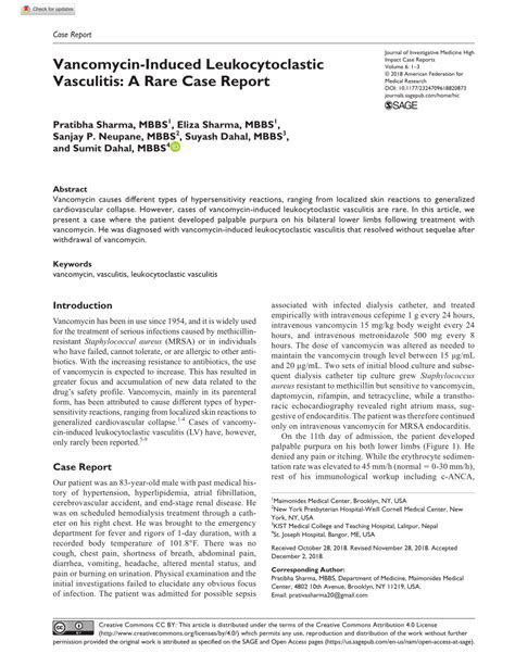 Pdf Vancomycin Induced Leukocytoclastic Vasculitis A Rare Case Report