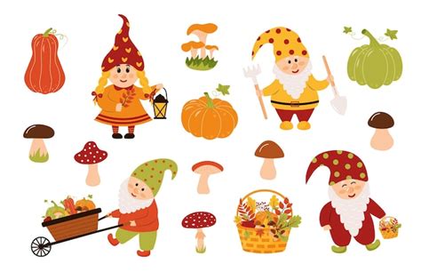Premium Vector Autumn Garden Gnomes Mushrooms Pumpkins Set Autumn