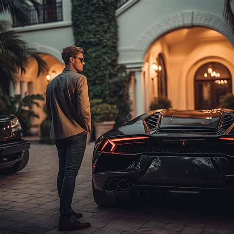 Premium AI Image A Man Stands In Front Of A Black Lamborghini