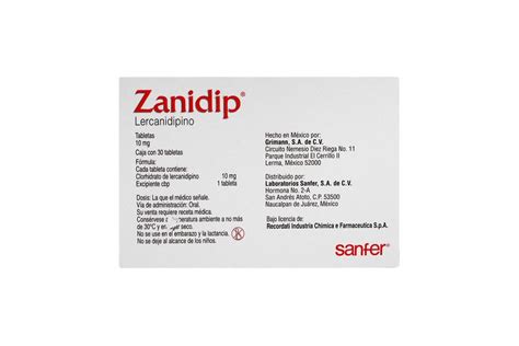 Zanidip 10 Mg Caja Con 30 Tabletas