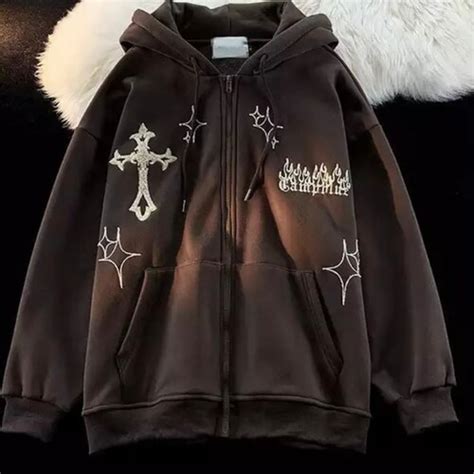 Hip Hop Flame Embroidered Harajuku Cross Hoodie Y2k Zip Up Etsy