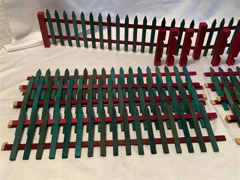 Vintage Wood Christmas Village Train Tree Red Green Picket Fence Putz