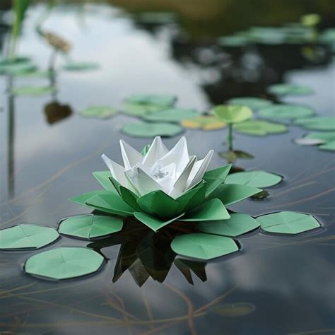 Origami Water Lily Floating On Calm Water With Lily Pads Premium AI