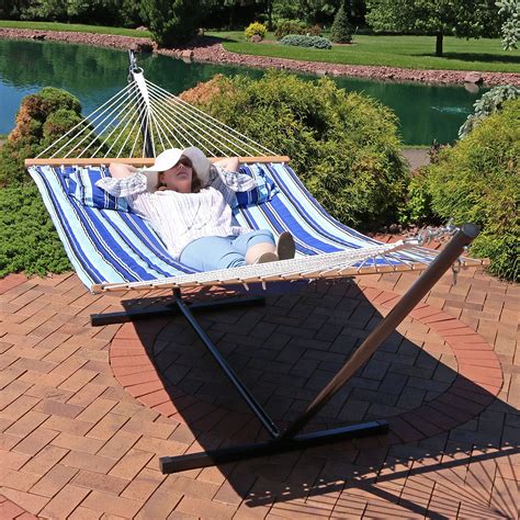 Sunnydaze Quilted Fabric Hammock Two Person With 12 Foot Stand And