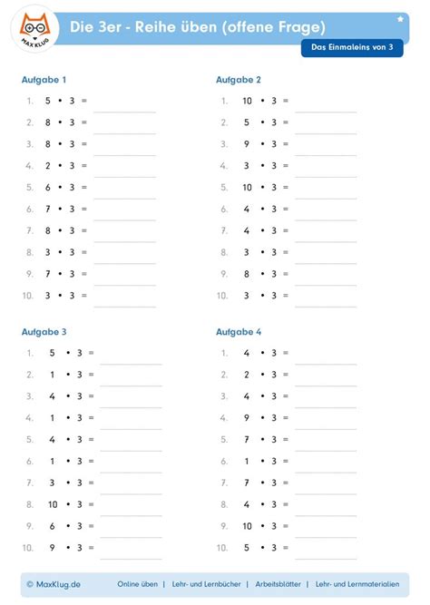 Mit diesem Übungsblatt des kleinen Einmaleins 3er Reihe üben