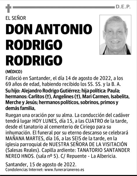 DON ANTONIO RODRIGO RODRIGO Esquela Necrológica El Diario Montañés