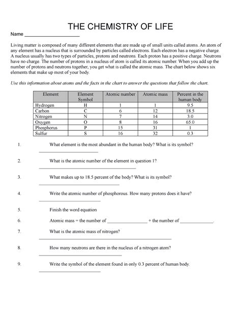 The Chemistry Of Life Worksheet The Chemistry Of Life Name