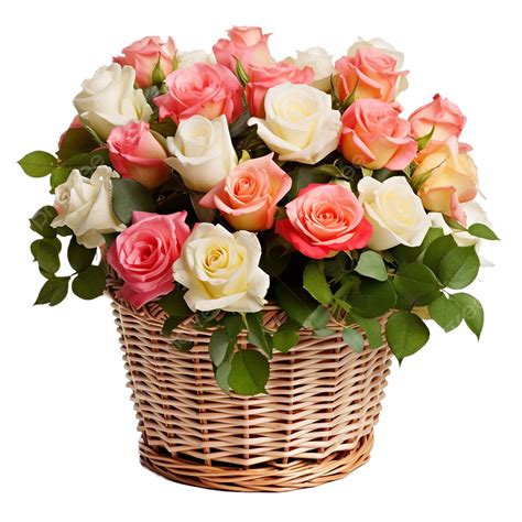 Bouquet Of Roses In Basket Transparent Background, Red Flower, White Flower, Transparent PNG ...