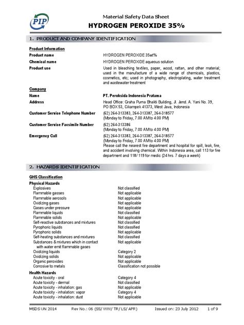 H2o2 35 Ghs Sds Rev 6 Hydrogen Peroxide Toxicity