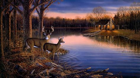 Online crop | HD wallpaper: landscape, painting Deer | Wallpaper Flare