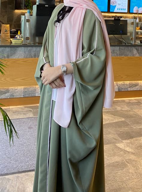 Green Bisht Sage Green Bisht Abaya With Pink Piping Trimmings Abayas