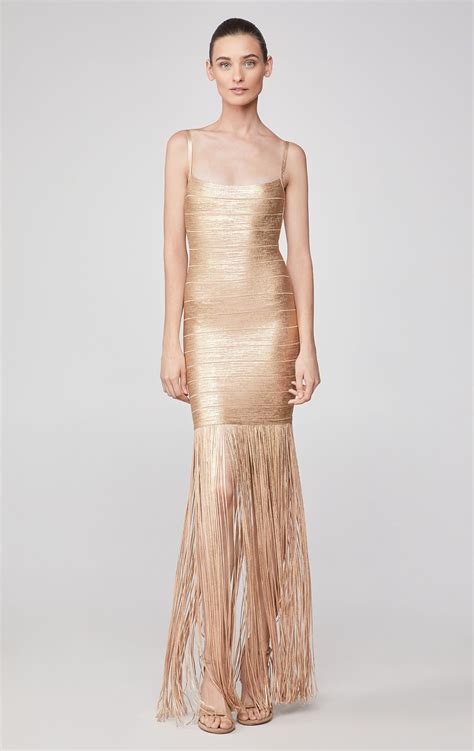 Herve Leger Woodgrain Foil Print Fringe Gown Shimmer Into The Evening