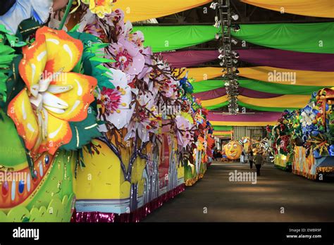 Various Mardi Gras parade floats displaying in the float den in Mardi ...