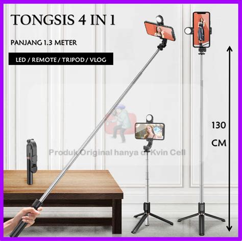 Tongsis Tripod 3 In 1 Bluetooth Selfie Stick 4 In 1 Led 130 Cm 1 3m