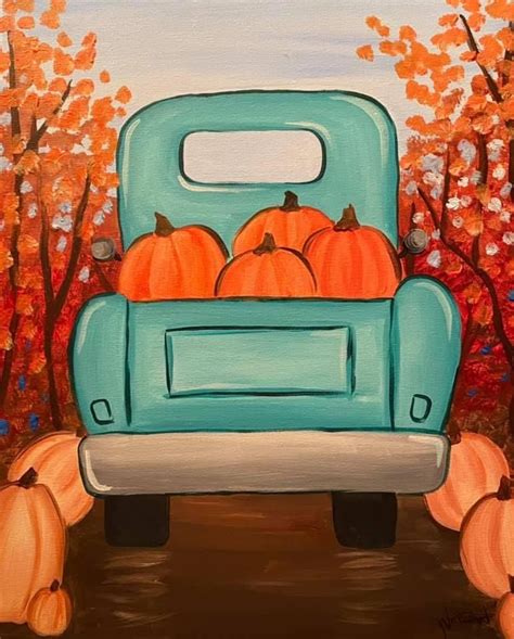 Halloween Canvas Painting Blue Truck With Pumpkins